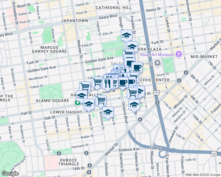 map of restaurants, bars, coffee shops, grocery stores, and more near 531 Grove Street in San Francisco