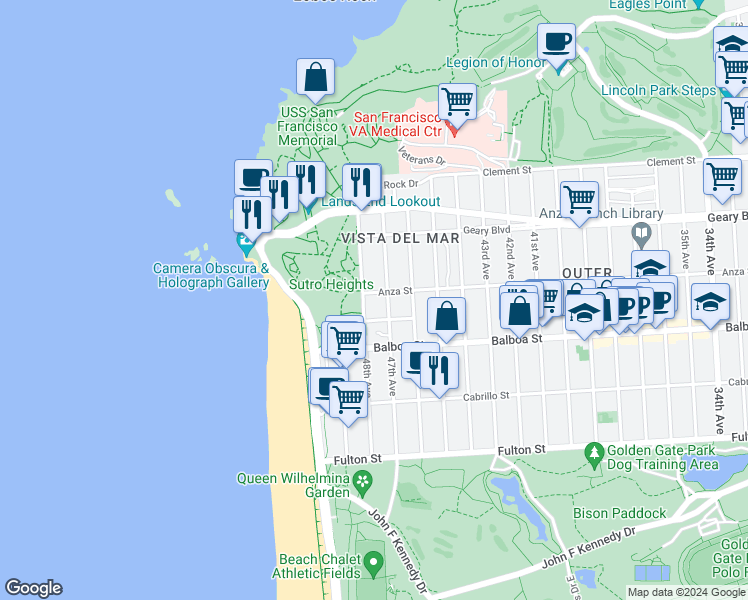 map of restaurants, bars, coffee shops, grocery stores, and more near 5635 Anza Street in San Francisco