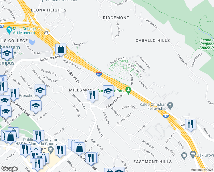 map of restaurants, bars, coffee shops, grocery stores, and more near 4017 Altamont Avenue in Oakland