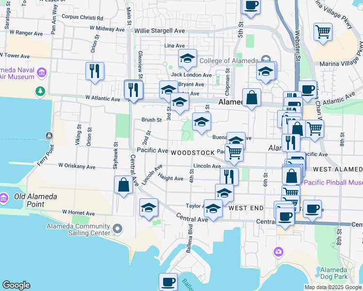 map of restaurants, bars, coffee shops, grocery stores, and more near in Alameda