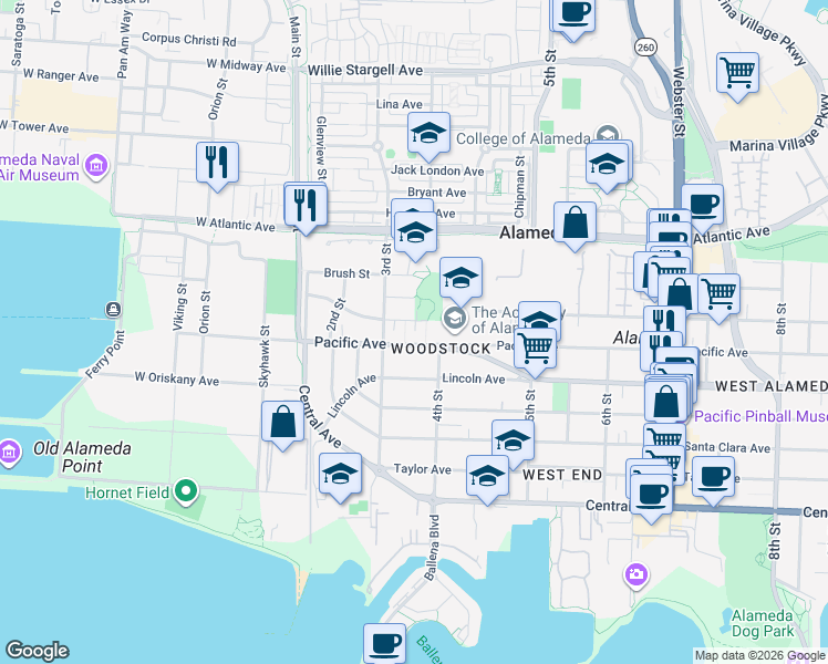 map of restaurants, bars, coffee shops, grocery stores, and more near 1812 3rd Street in Alameda