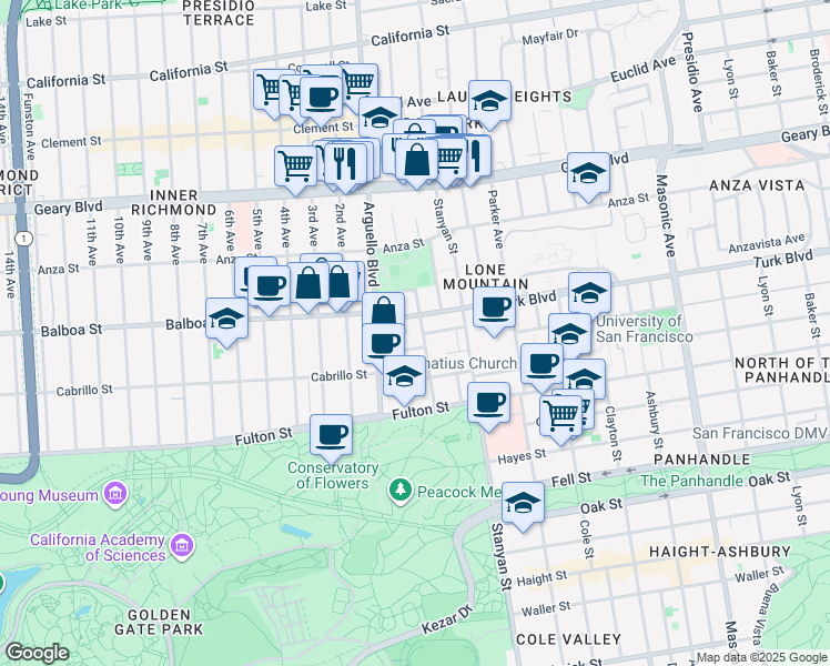 map of restaurants, bars, coffee shops, grocery stores, and more near 3100 Turk Boulevard in San Francisco