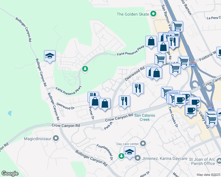 map of restaurants, bars, coffee shops, grocery stores, and more near 2514 Promontory Circle in San Ramon