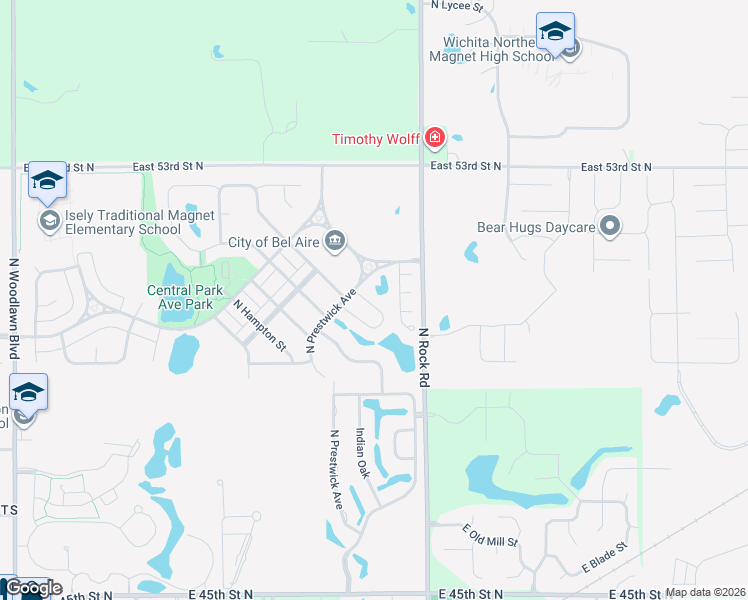 map of restaurants, bars, coffee shops, grocery stores, and more near 7651 East Central Park Avenue in Bel Aire