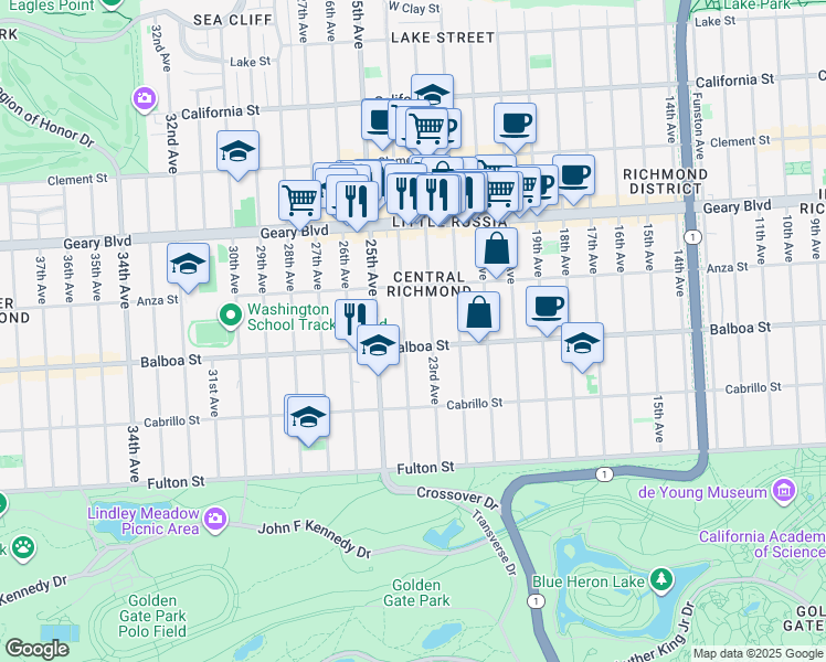 map of restaurants, bars, coffee shops, grocery stores, and more near 541 23rd Avenue in San Francisco