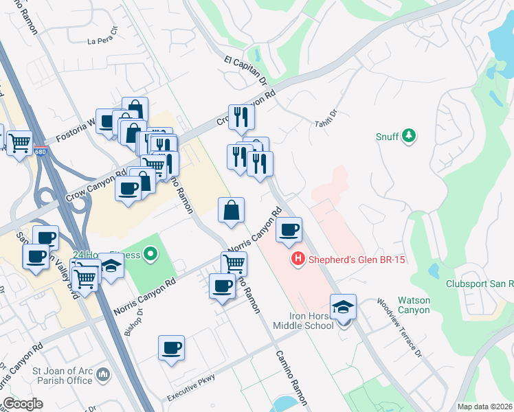 map of restaurants, bars, coffee shops, grocery stores, and more near 4732 Norris Canyon Road in San Ramon