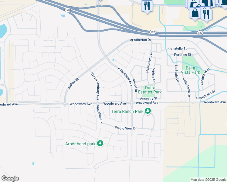 map of restaurants, bars, coffee shops, grocery stores, and more near 19500-20248 McKinley Avenue in Manteca