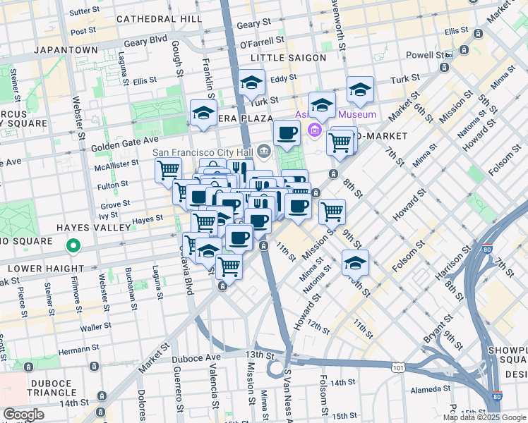 map of restaurants, bars, coffee shops, grocery stores, and more near 50 Fell Street in San Francisco