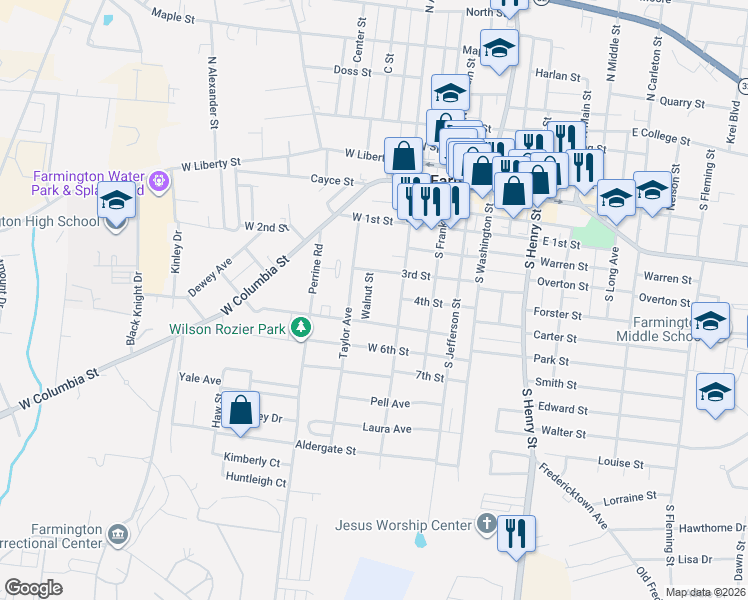 map of restaurants, bars, coffee shops, grocery stores, and more near 330 3rd Street in Farmington