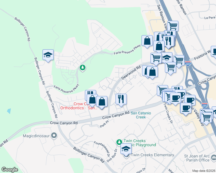 map of restaurants, bars, coffee shops, grocery stores, and more near 3217 Promontory Circle in San Ramon