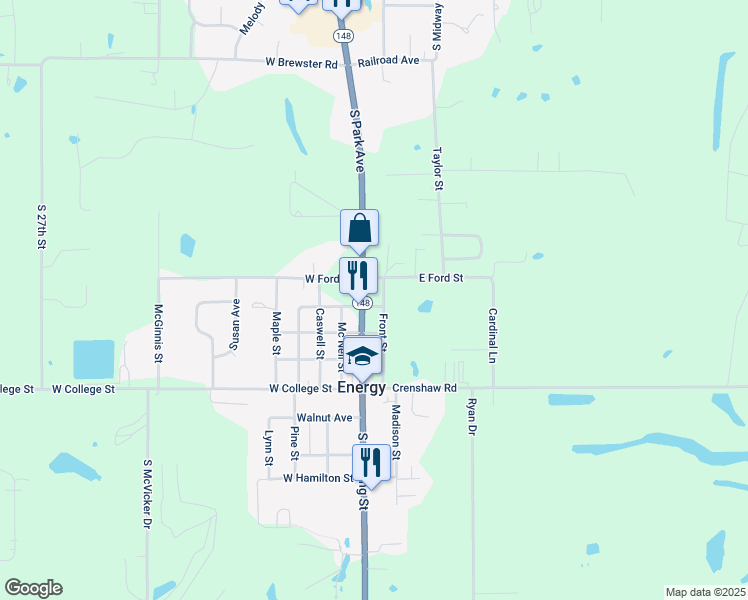 map of restaurants, bars, coffee shops, grocery stores, and more near 406 North Pershing Street in Energy