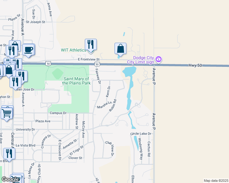 map of restaurants, bars, coffee shops, grocery stores, and more near 2309 Robin Road in Dodge City