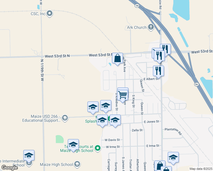map of restaurants, bars, coffee shops, grocery stores, and more near 300 West Albert Street in Maize