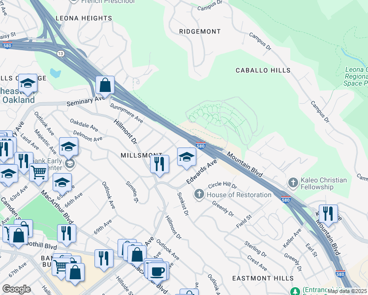 map of restaurants, bars, coffee shops, grocery stores, and more near 4017 Altamont Avenue in Oakland