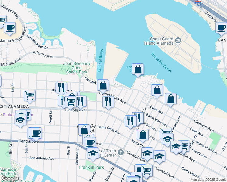 map of restaurants, bars, coffee shops, grocery stores, and more near 1815 Balsa Street in Alameda