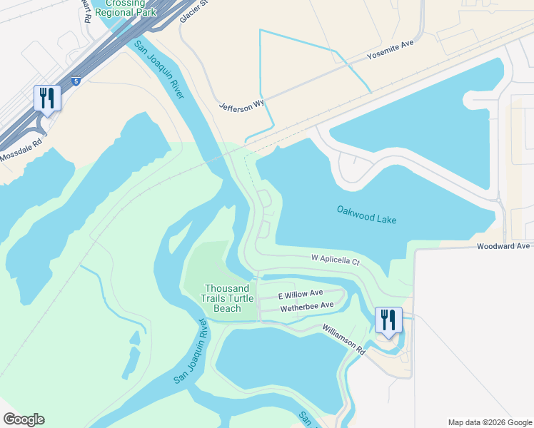 map of restaurants, bars, coffee shops, grocery stores, and more near 4399 Aplicella Court in Manteca