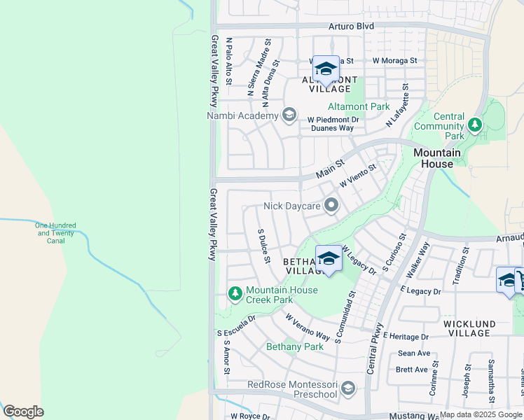 map of restaurants, bars, coffee shops, grocery stores, and more near 598 West Cancion Avenue in Mountain House