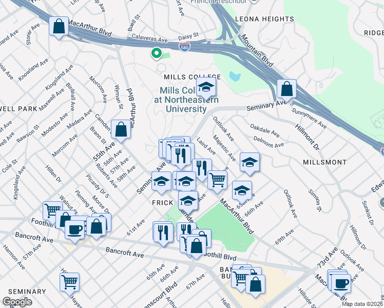 map of restaurants, bars, coffee shops, grocery stores, and more near 3400 Seminary Avenue in Oakland