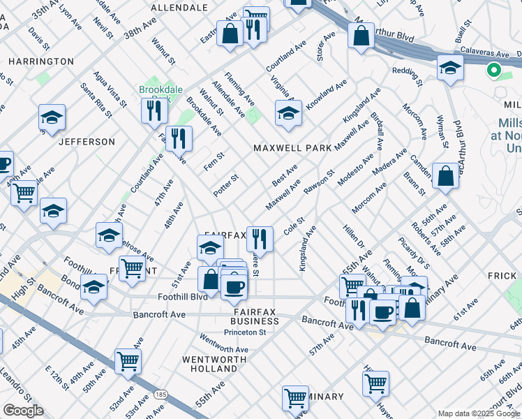 map of restaurants, bars, coffee shops, grocery stores, and more near 2568 Best Avenue in Oakland