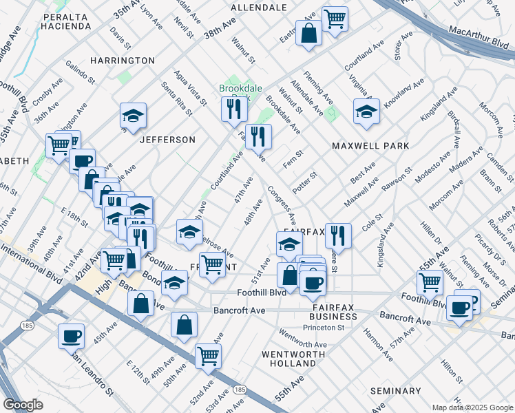 map of restaurants, bars, coffee shops, grocery stores, and more near 2272 47th Avenue in Oakland