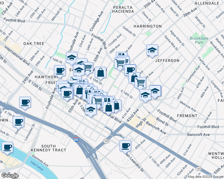 map of restaurants, bars, coffee shops, grocery stores, and more near 1718 37th Avenue in Oakland