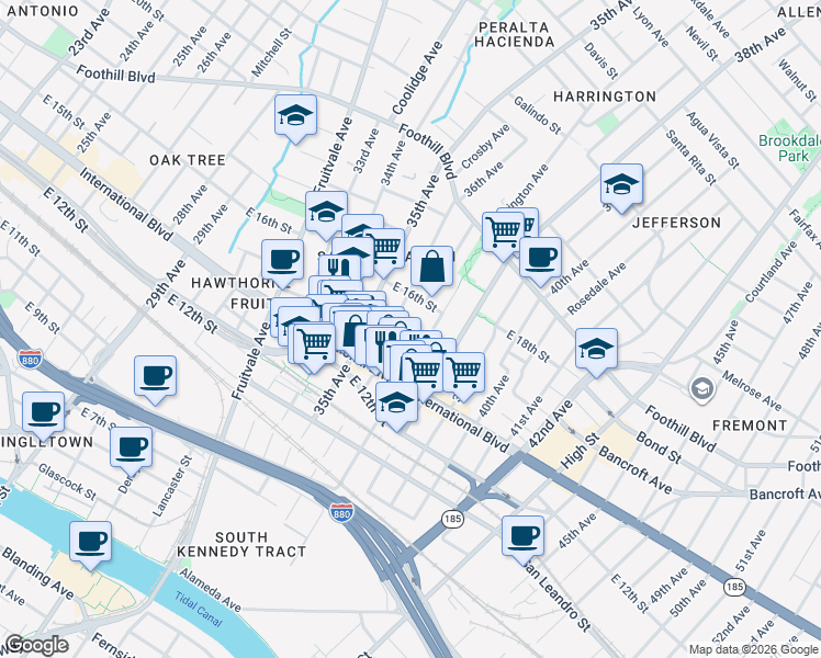 map of restaurants, bars, coffee shops, grocery stores, and more near 3629 East 16th Street in Oakland
