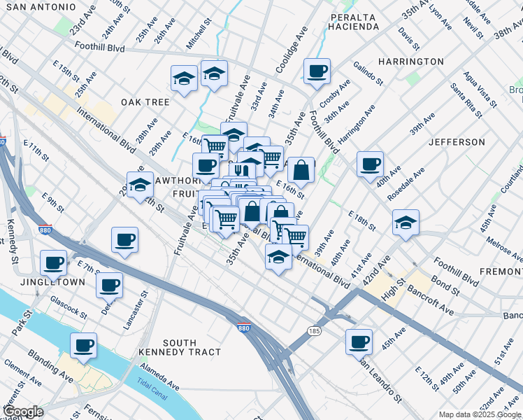 map of restaurants, bars, coffee shops, grocery stores, and more near 1512 35th Avenue in Oakland