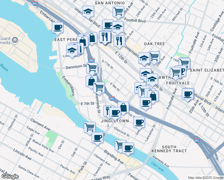 map of restaurants, bars, coffee shops, grocery stores, and more near 2704 East 9th Street in Oakland