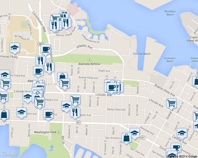map of restaurants, bars, coffee shops, grocery stores, and more near 1028 Eagle Avenue in Alameda