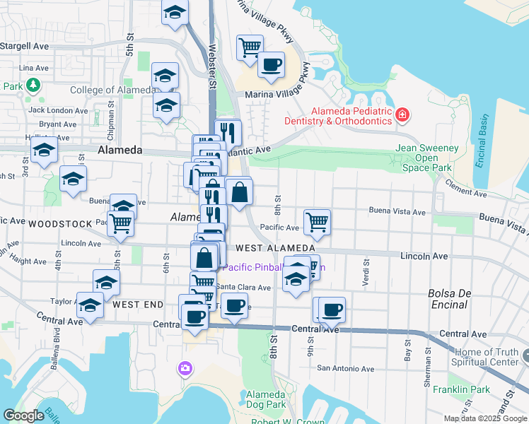 map of restaurants, bars, coffee shops, grocery stores, and more near 755 Buena Vista Avenue in Alameda