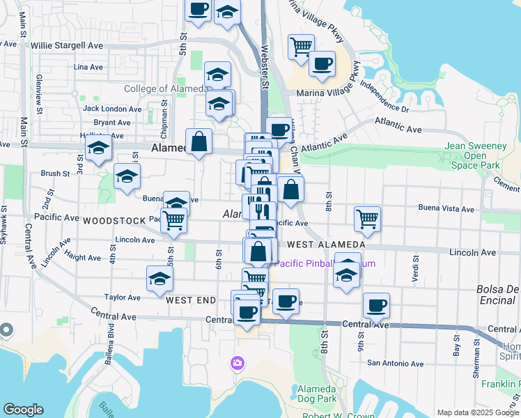map of restaurants, bars, coffee shops, grocery stores, and more near 1805 Webster Street in Alameda