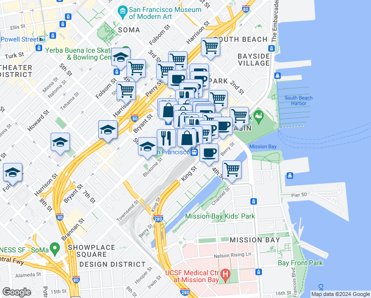 map of restaurants, bars, coffee shops, grocery stores, and more near 660 4th Street in San Francisco