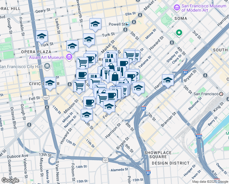 map of restaurants, bars, coffee shops, grocery stores, and more near 1136 Howard Street in San Francisco
