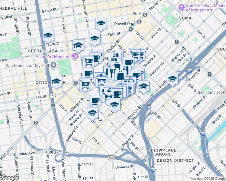 map of restaurants, bars, coffee shops, grocery stores, and more near 1136 Howard Street in San Francisco