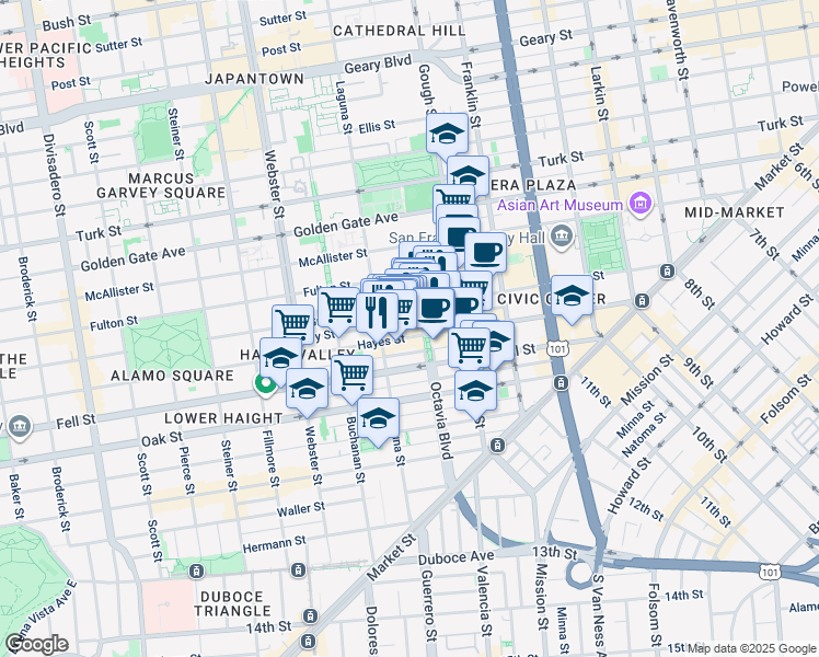 map of restaurants, bars, coffee shops, grocery stores, and more near 531 Grove Street in San Francisco
