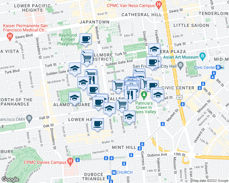 map of restaurants, bars, coffee shops, grocery stores, and more near 6 Banneker Way in San Francisco
