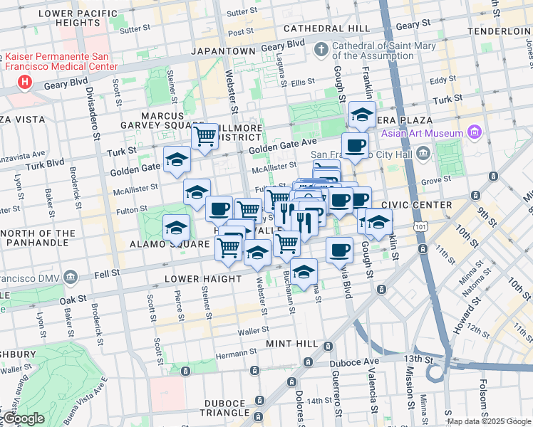 map of restaurants, bars, coffee shops, grocery stores, and more near 6 Banneker Way in San Francisco
