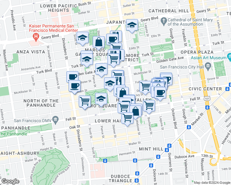 map of restaurants, bars, coffee shops, grocery stores, and more near 895 Fulton Street in San Francisco