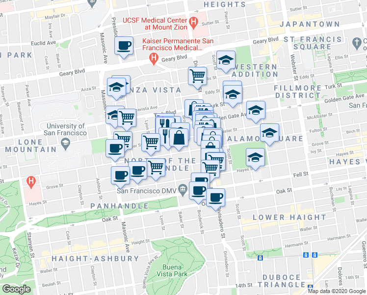 map of restaurants, bars, coffee shops, grocery stores, and more near 1711 McAllister Street in San Francisco