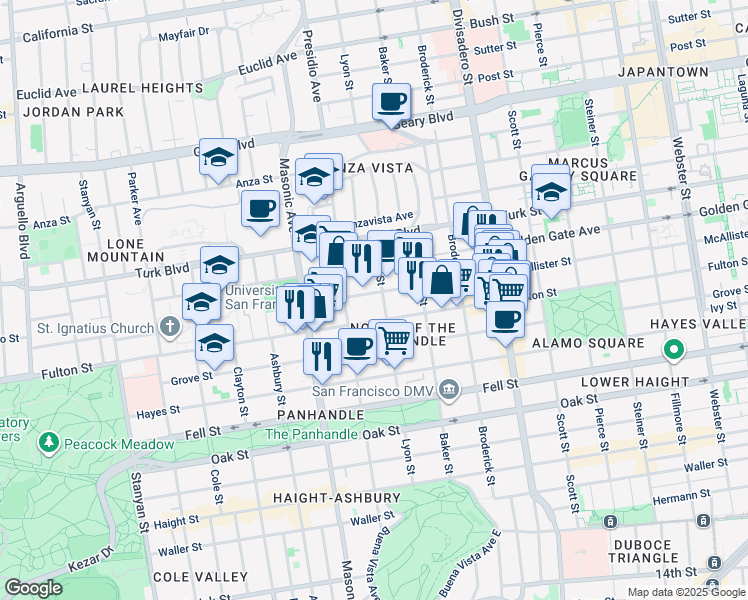map of restaurants, bars, coffee shops, grocery stores, and more near 711 Lyon Street in San Francisco