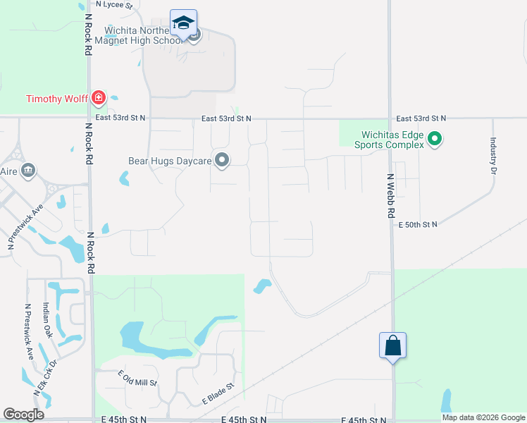 map of restaurants, bars, coffee shops, grocery stores, and more near 8801-8909 East 53rd Street North in Bel Aire