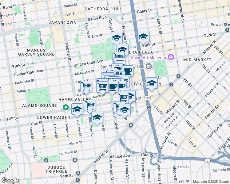 map of restaurants, bars, coffee shops, grocery stores, and more near 450 Hayes Street in San Francisco