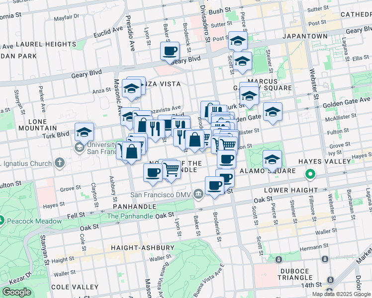 map of restaurants, bars, coffee shops, grocery stores, and more near 705 Baker Street in San Francisco
