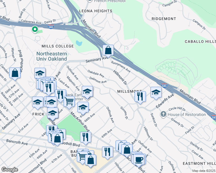 map of restaurants, bars, coffee shops, grocery stores, and more near 3816 Delmont Avenue in Oakland
