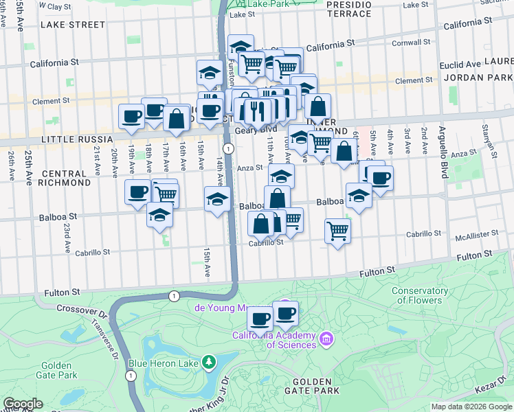 map of restaurants, bars, coffee shops, grocery stores, and more near Balboa Street & 12th Avenue in San Francisco