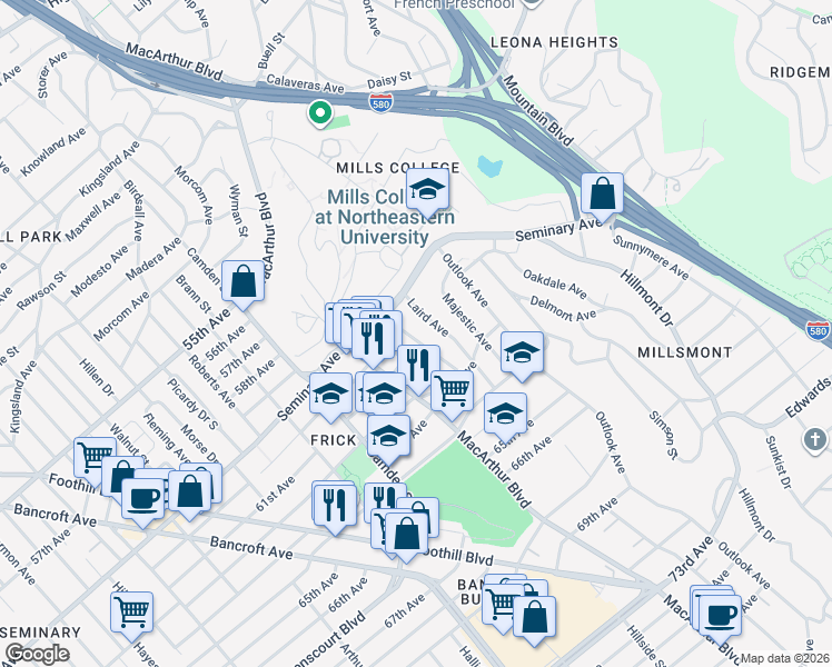 map of restaurants, bars, coffee shops, grocery stores, and more near 6032 Mauritania Avenue in Oakland