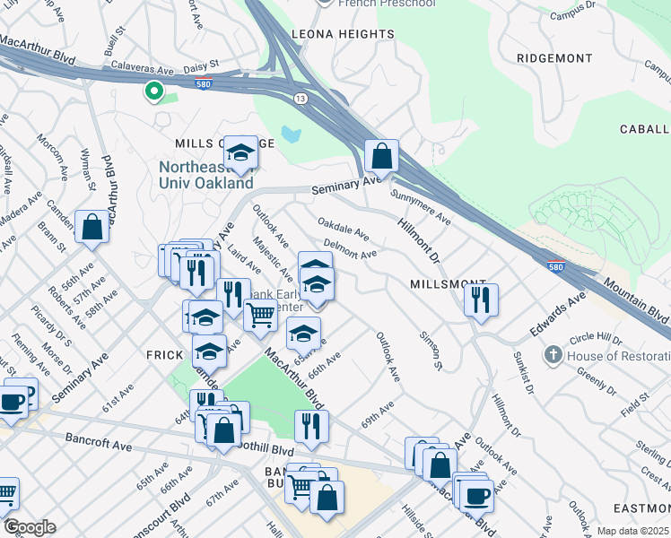 map of restaurants, bars, coffee shops, grocery stores, and more near 6318 Buena Ventura Avenue in Oakland