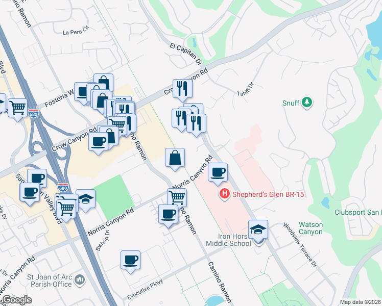 map of restaurants, bars, coffee shops, grocery stores, and more near 4740 Norris Canyon Road in San Ramon