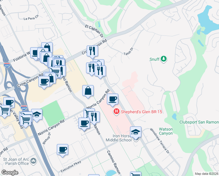 map of restaurants, bars, coffee shops, grocery stores, and more near Alcosta Blvd & Norris Canyon Rd in San Ramon