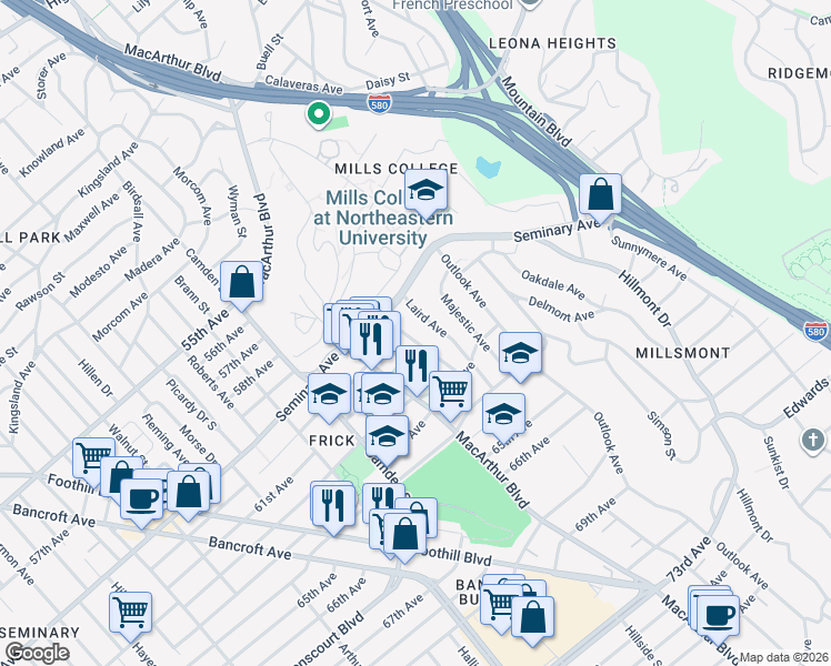 map of restaurants, bars, coffee shops, grocery stores, and more near 6032 Mauritania Avenue in Oakland